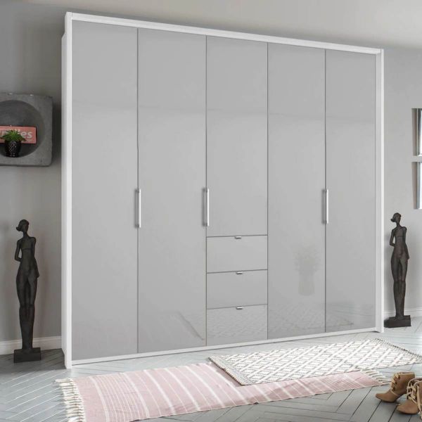 Rauch Erimo 5 Door Silk Grey Glass Wardrobe With Drawers under middle door Width 254 cm Height 225cm