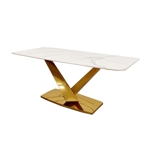 Vigo Gold 1.8 Dining Table with Polar White Sintered Stone Top
Gold Base Dining Table 
Gold Dining Table
Ceramic Top Dining Table with Gold Base